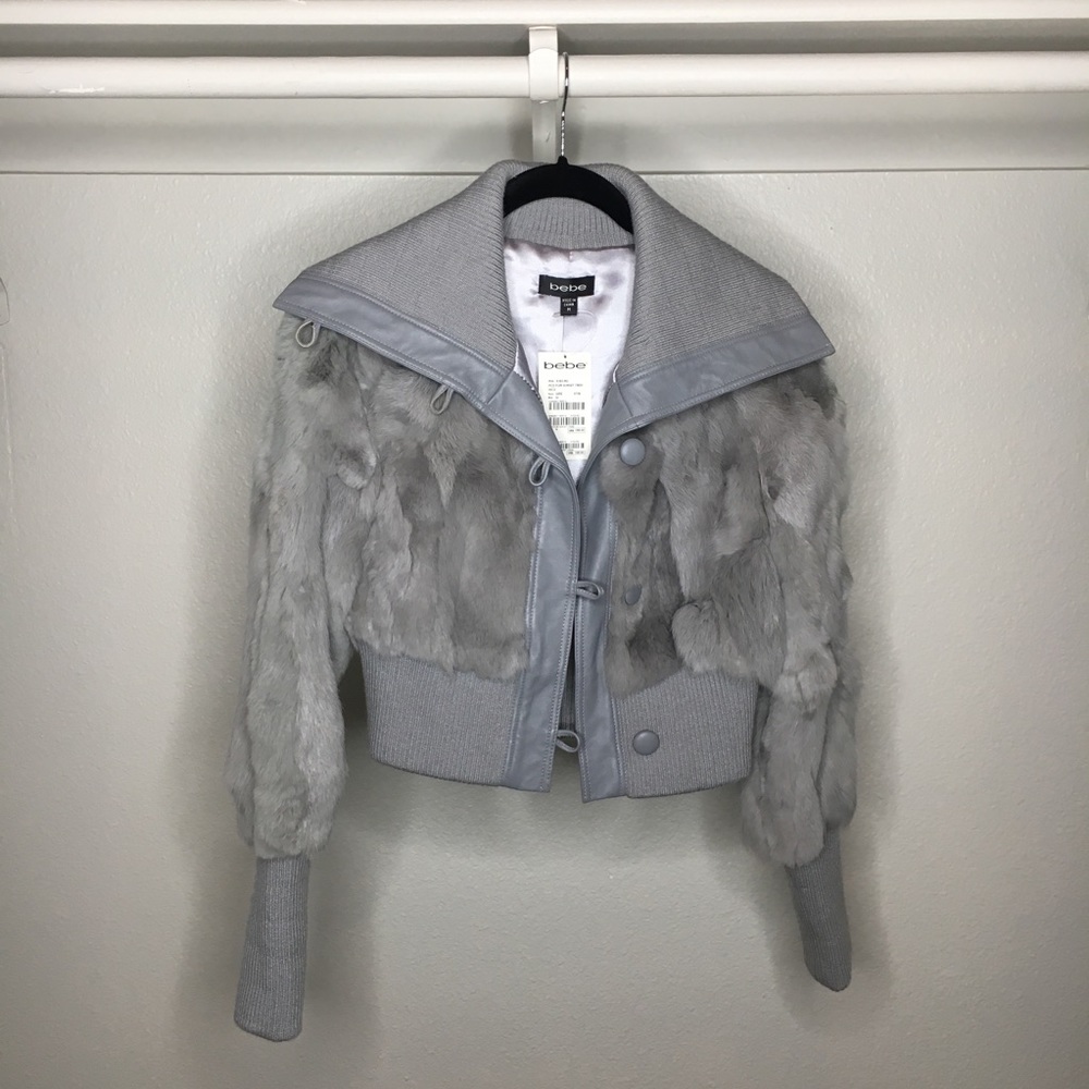 BEBE Grey/Silver Dyed Rabbit Fur Coat